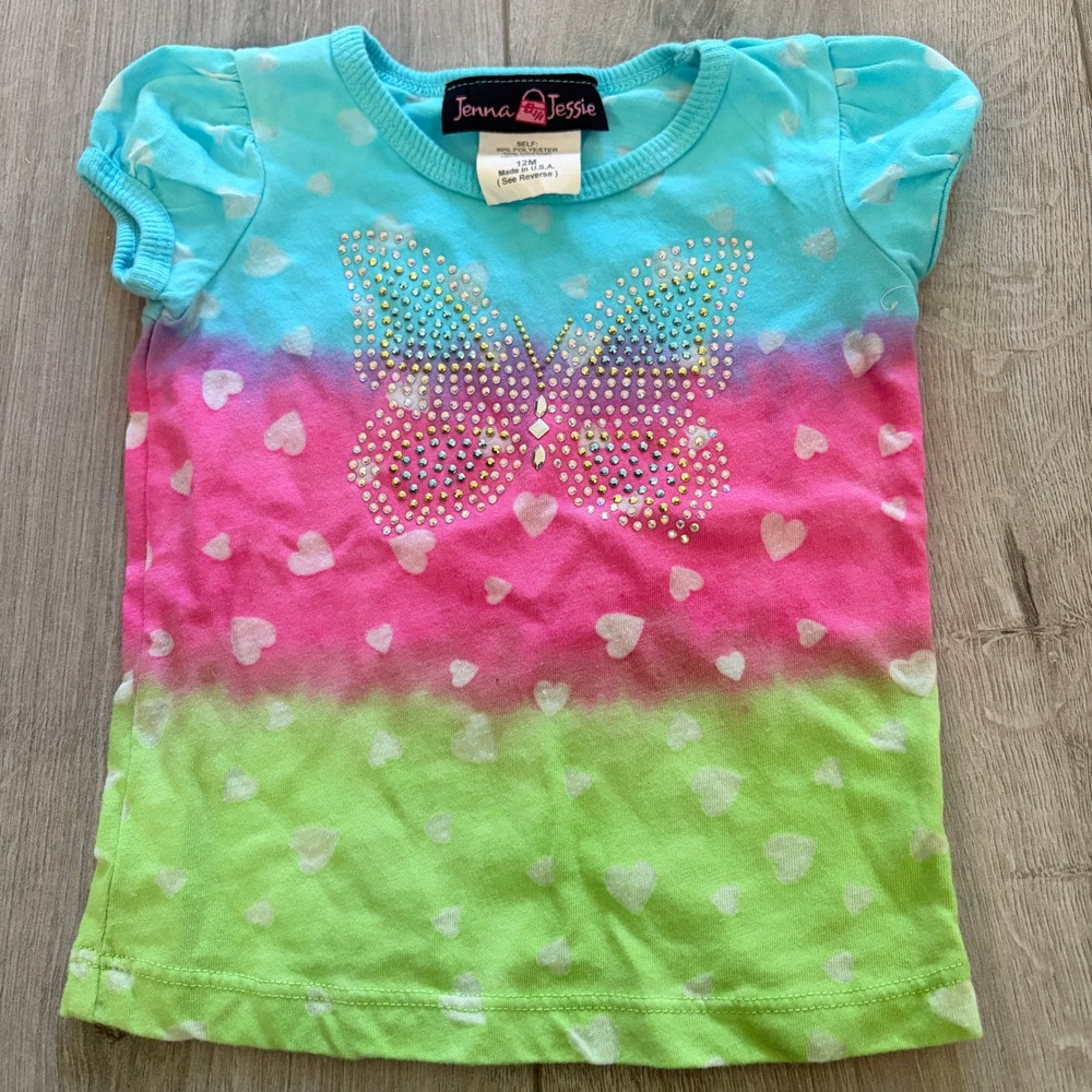 Jenna & Jessie Butterfly Rhinestone Ombre Heart Tee 12M Y2K Toddler Shirt